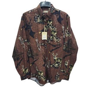 Rugged Earth Button Up Shirt Mens Medium Brown Deer Hunting All Over Print New
